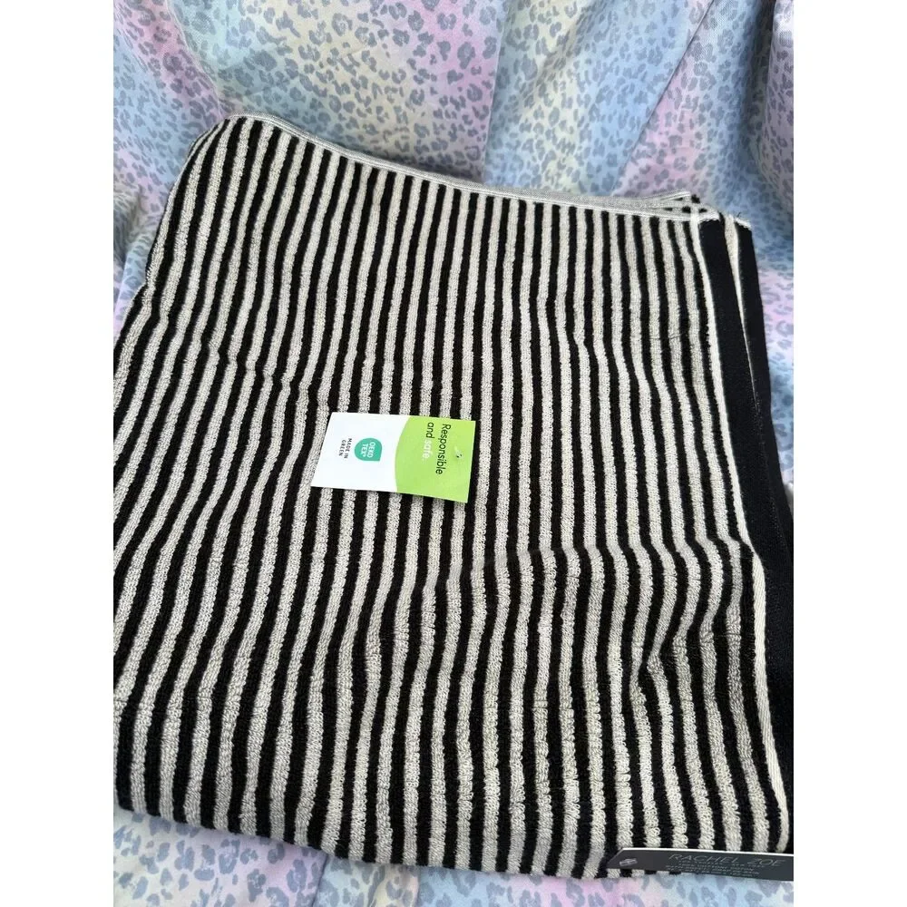 Rachel Zoe Black Cream Striped Bath Sheet 34x64 100% Cotton NWT